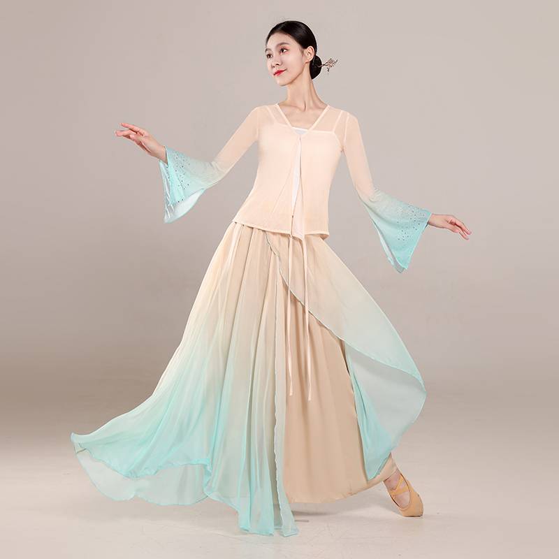 Classical dance clothing elastic mesh yarn top female gradient elegant fairy practice service Chinese dance show performance clothing