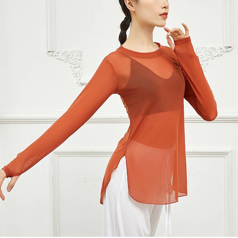 Teacher slim -fit f meson yarn top long sleeves refers to body rhyme dance clothing shape gauze classical dance exercise