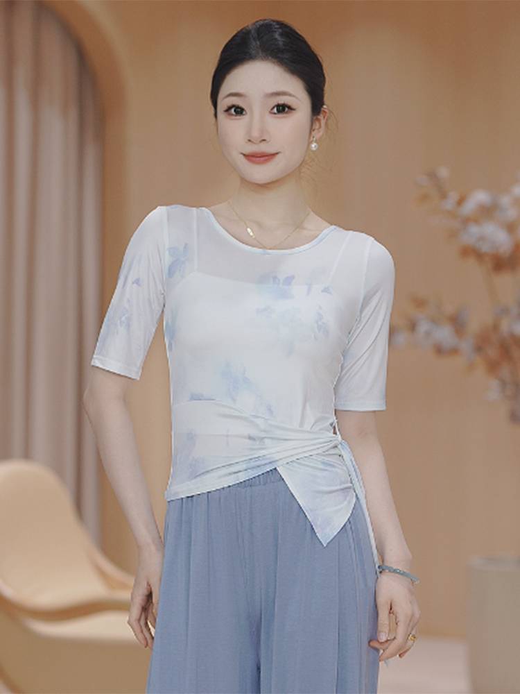 Dance service Modern summer adult female top short -sleeved printing ice silk Chinese classical dancing special practice new practice