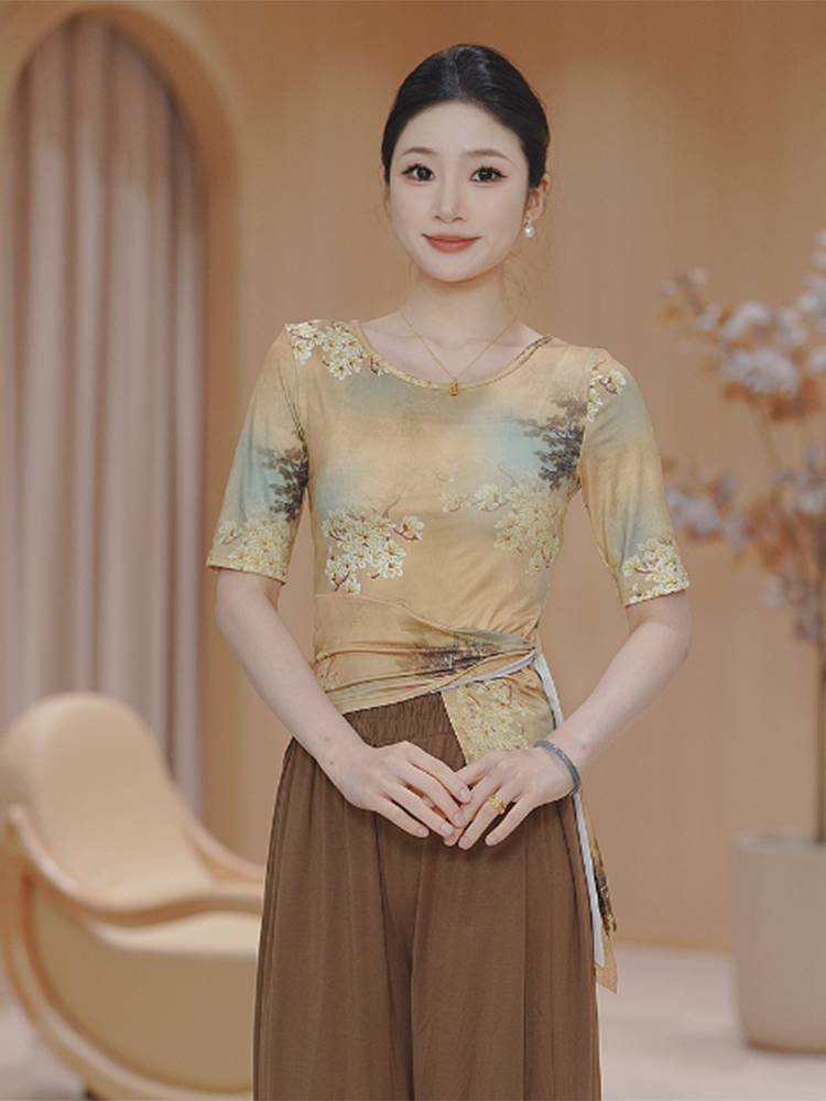 Dance service Modern summer adult female top short -sleeved printing ice silk Chinese classical dancing special practice new practice