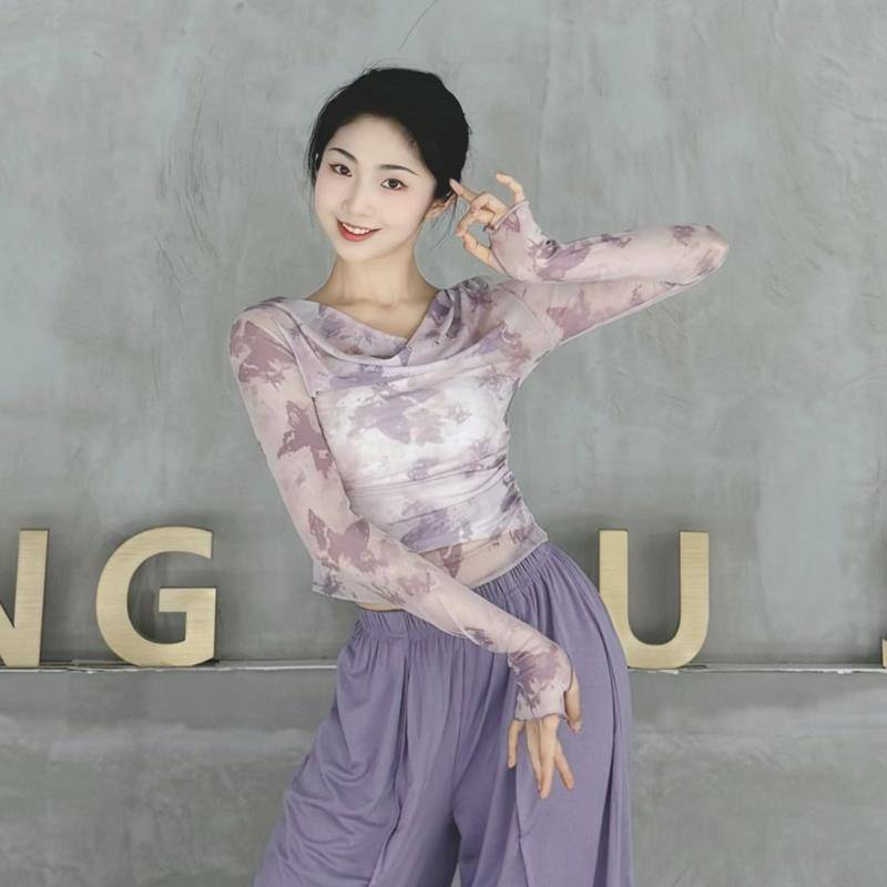 Modern dance net gauze top 2024 new dance clothing summer ink and ink blooming butterfly gauze dress classical dance exercise