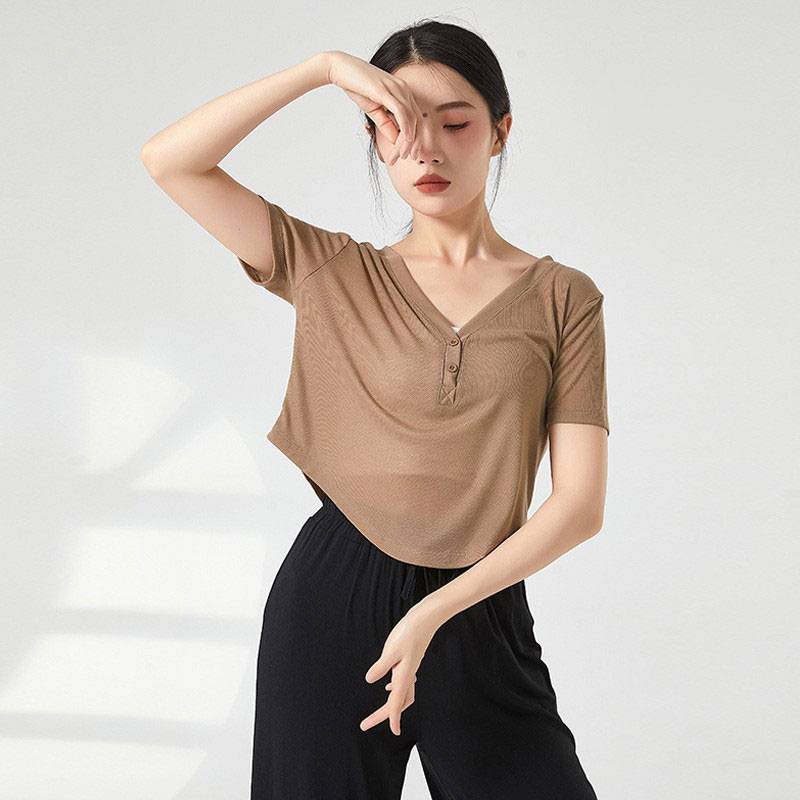 Women's breathable solid color Chinese classical modern dance body training skills short -sleeved loose shirt art test show
