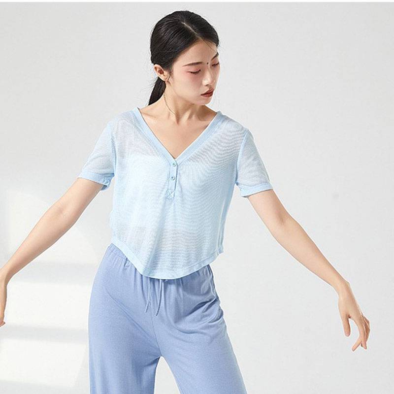 Women's breathable solid color Chinese classical modern dance body training skills short -sleeved loose shirt art test show