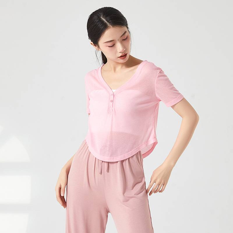 Women's breathable solid color Chinese classical modern dance body training skills short -sleeved loose shirt art test show