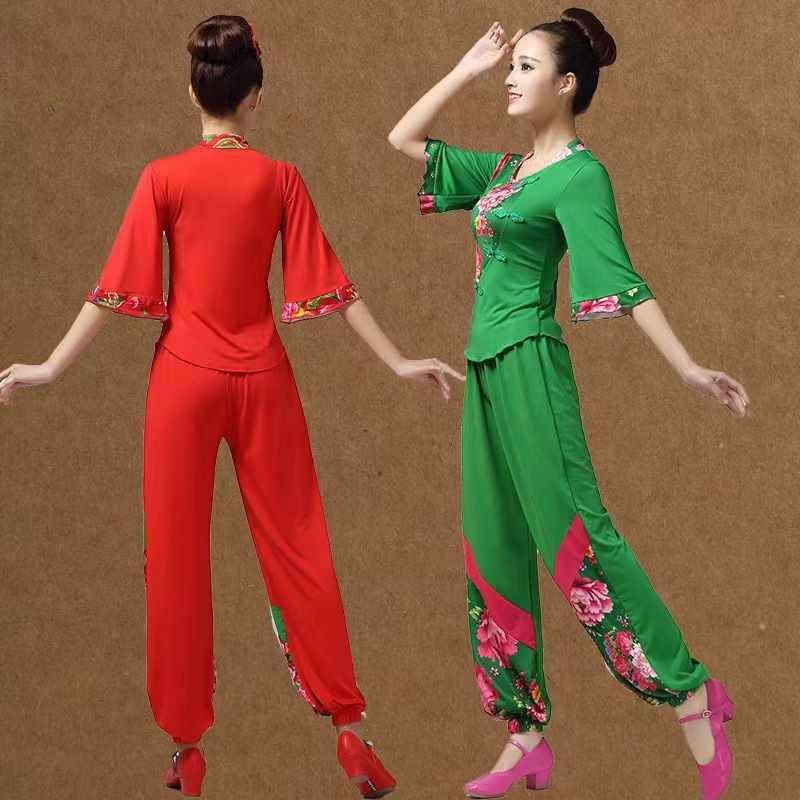 Square dance clothing suit summer milk silk dance clothing middle -aged and elderly printed classical dance Yangge performance clothing