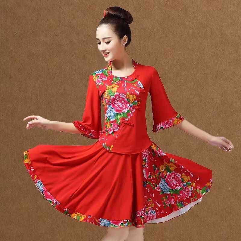 Square dance clothing suit summer milk silk dance clothing middle -aged and elderly printed classical dance Yangge performance clothing