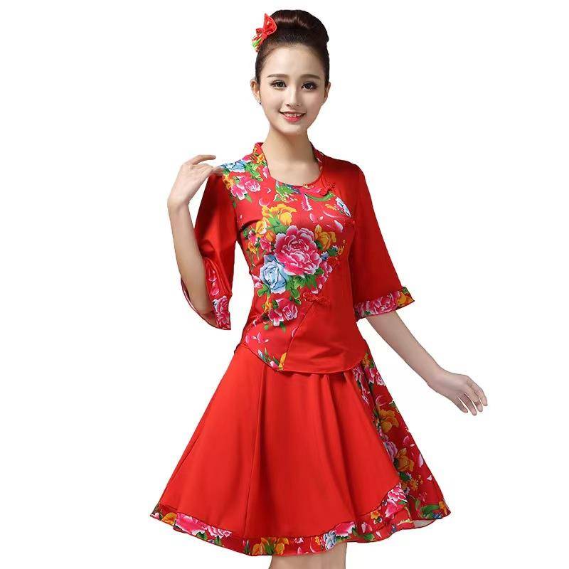 Square dance clothing suit summer milk silk dance clothing middle -aged and elderly printed classical dance Yangge performance clothing