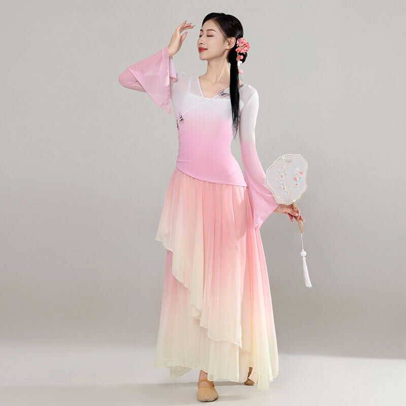 The new classical dance service female umbrella dance fan dance exercise performance shows the elegant skirt pants butterfly body rhyme yarn clothes