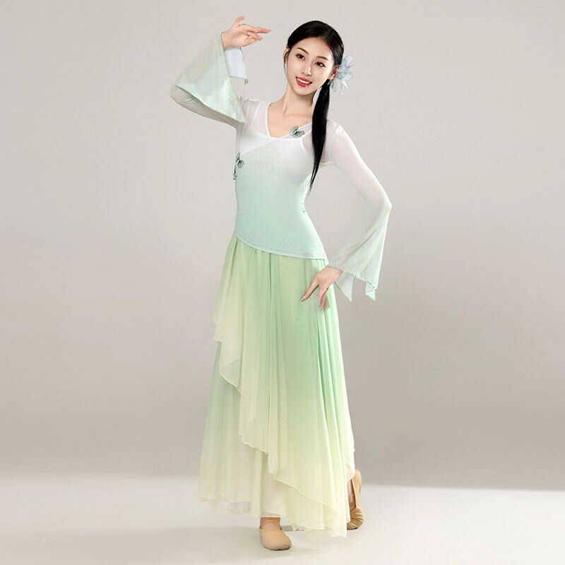 The new classical dance service female umbrella dance fan dance exercise performance shows the elegant skirt pants butterfly body rhyme yarn clothes