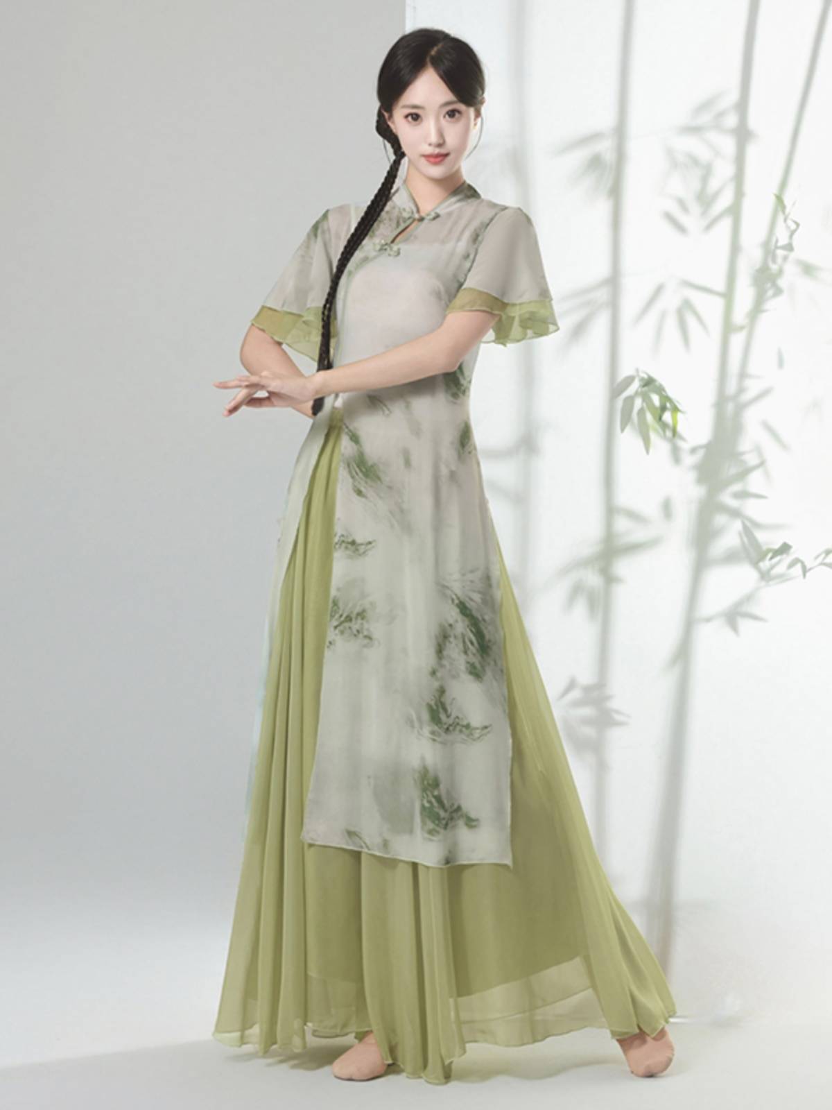 Classical dance country cheongsam performance clothing printing elastic top Chinese dance elegant body rhyme training uniform