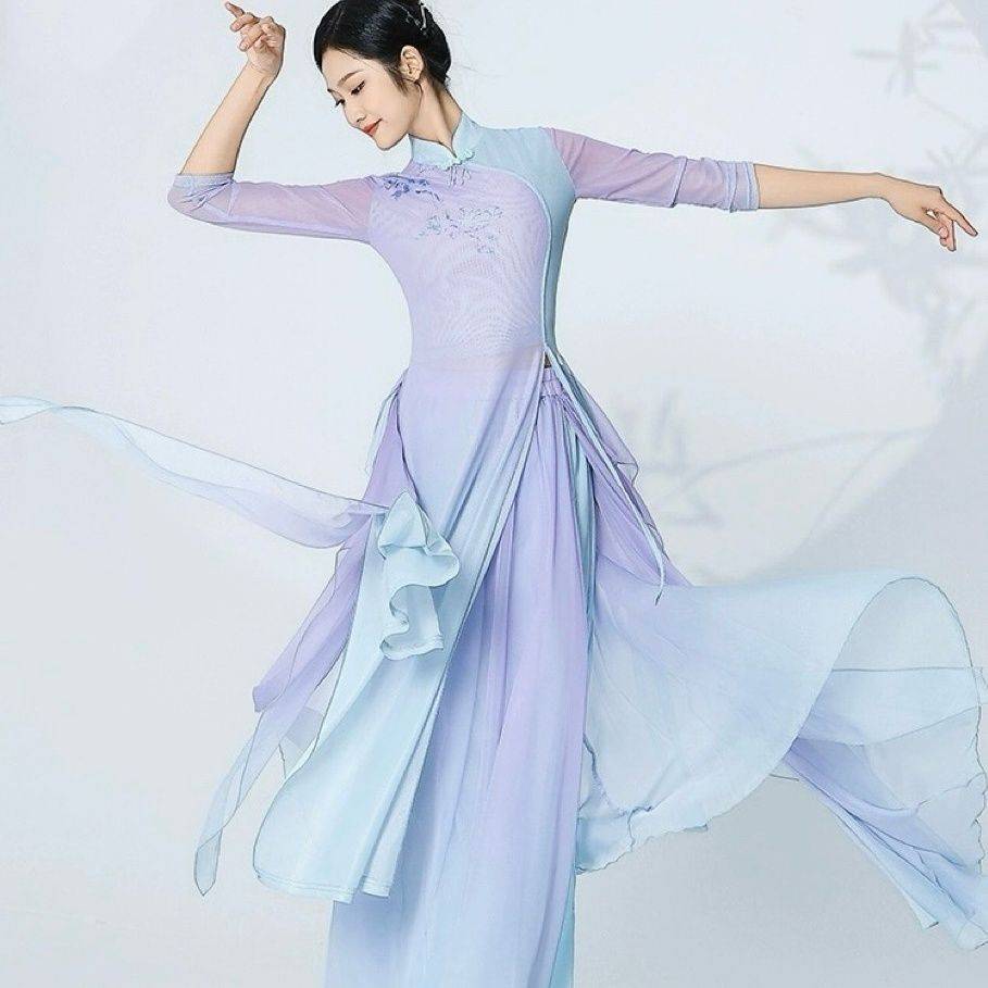 The new classical dance gradient purple gauze Chinese dance cheongsam leader elegant shirt actress performed cheongsam dance clothes