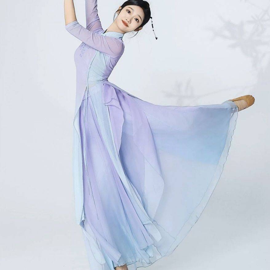 The new classical dance gradient purple gauze Chinese dance cheongsam leader elegant shirt actress performed cheongsam dance clothes