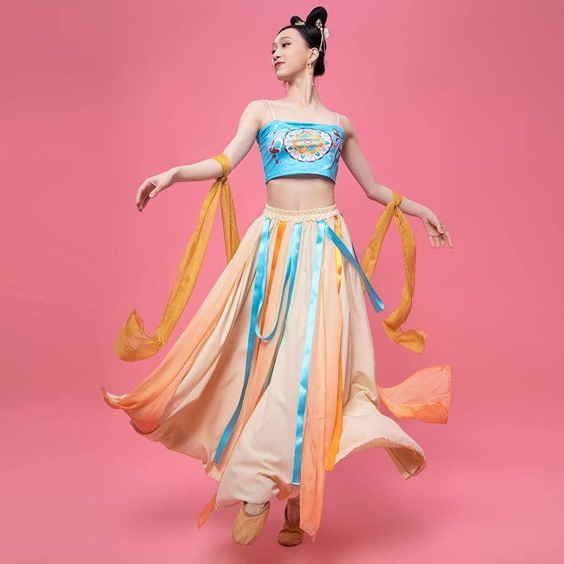 Classical dance body rhyme, exercise, female inside with a suspended printing shirt Dunhuang dance suit Chinese dance Chinese dance