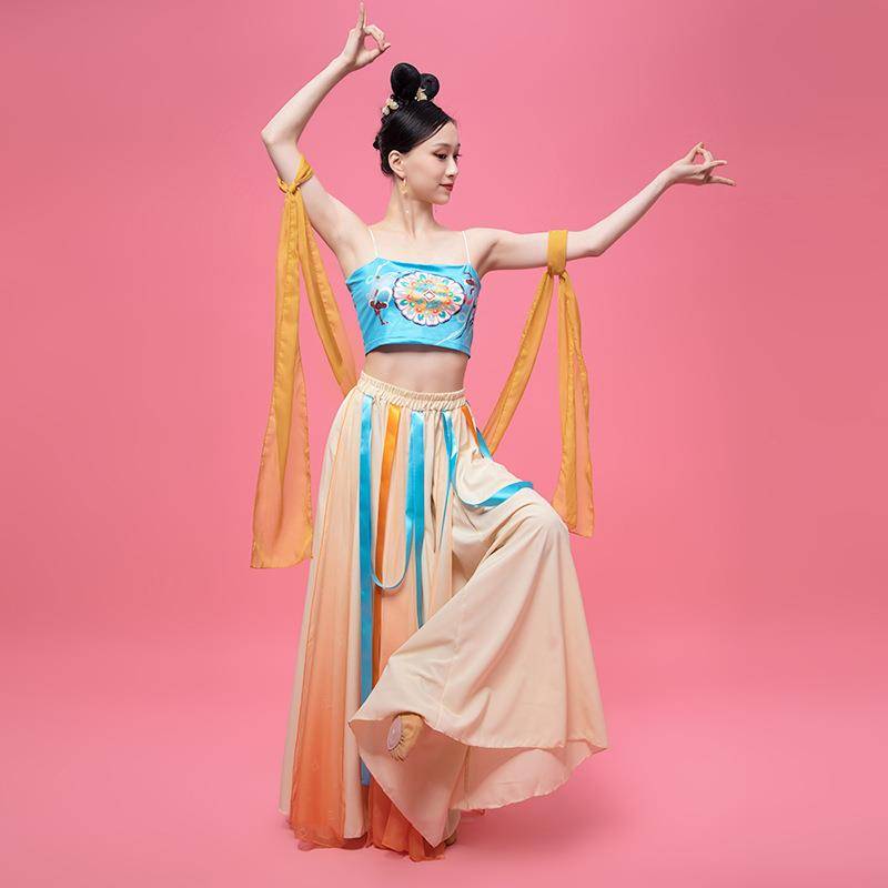 Classical dance body rhyme, exercise, female inside with a suspended printing shirt Dunhuang dance suit Chinese dance Chinese dance