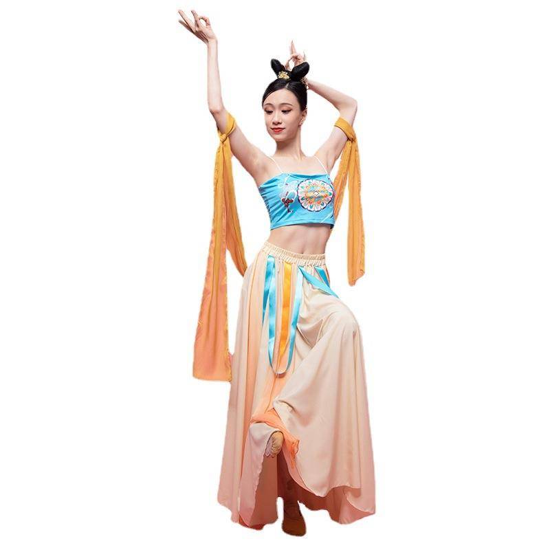 Classical dance body rhyme, exercise, female inside with a suspended printing shirt Dunhuang dance suit Chinese dance Chinese dance