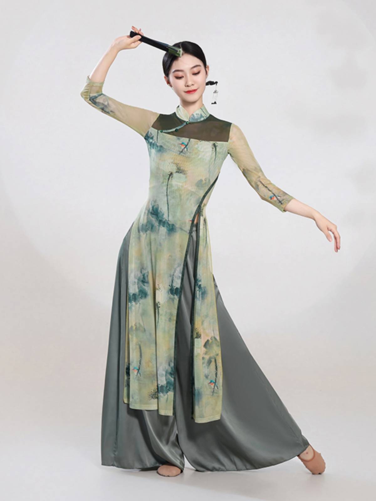 Classical cheongsam dance clothing female Chinese style body rhyme elastic printing gauze training exercise -shaped body etiquette performance clothing