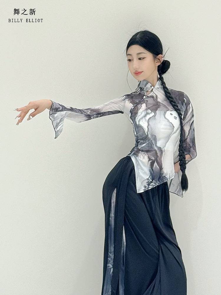 Classical dance gauze performance service female elegant body rhyme, Chinese dance exercise, summer net gauze dance top