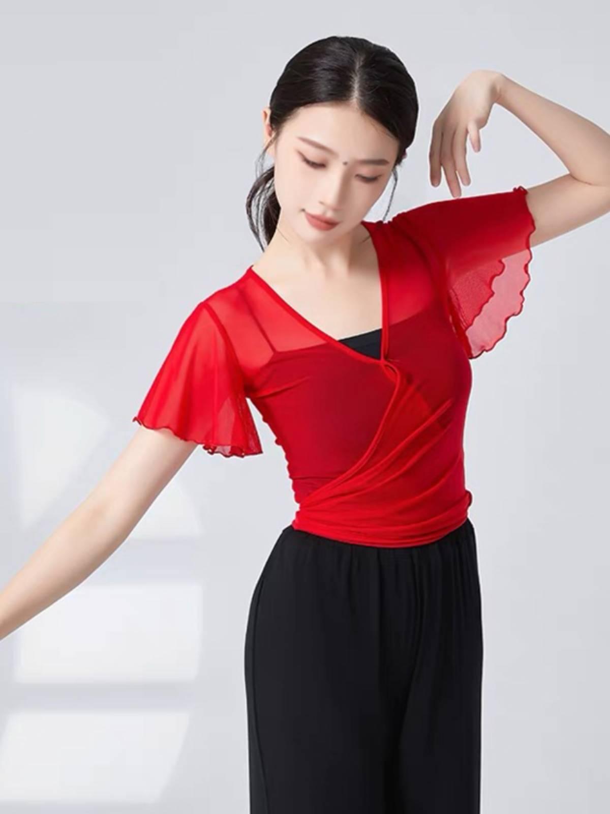 Classical dance body rhyme gauze, elegant net gauze short small flying sleeve top female Chinese dance base training service art test exercises
