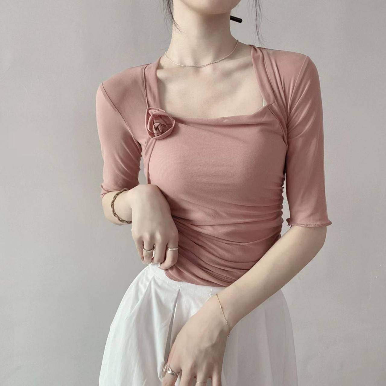 Mid -sleeved retro niche dance clothing gauze training meritorious service female adult ballet top collar classical dance body rhyme clothes