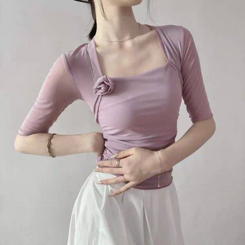 Mid -sleeved retro niche dance clothing gauze training meritorious service female adult ballet top collar classical dance body rhyme clothes