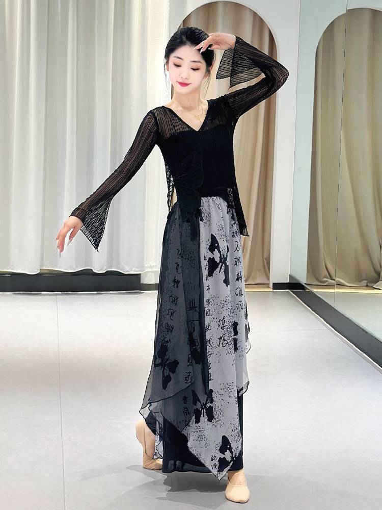 Classical dance clothing female new Chinese -style body rhyme ink gauze performance juvenile butterfly horn sleeve national style dance practice uniform