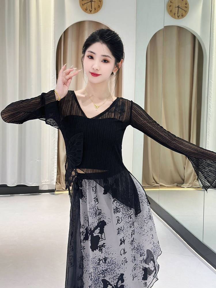 Classical dance clothing female new Chinese -style body rhyme ink gauze performance juvenile butterfly horn sleeve national style dance practice uniform