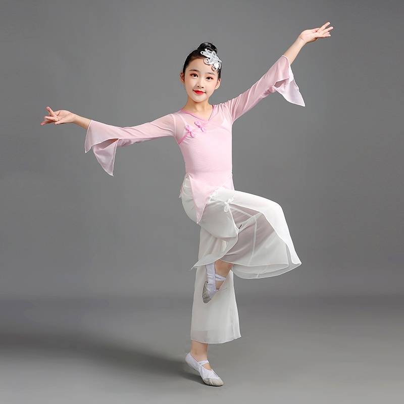 Children's rhyme gauze classical dance cheongsam wide -leg pants Girls Chinese dance exercise uniforms elegant dance body clothes summer