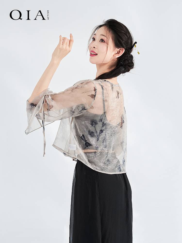 Qia Classical Dance Slim Sleeve Sleeve Chinese Ancient Feng ink Printing Fairy Fluttering Rhymes Performance Server top