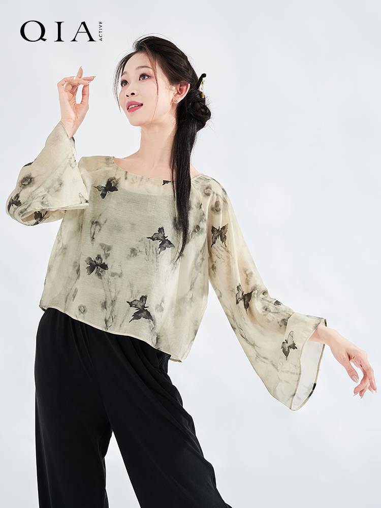 Qia Classical Dance Slim Sleeve Sleeve Chinese Ancient Feng ink Printing Fairy Fluttering Rhymes Performance Server top