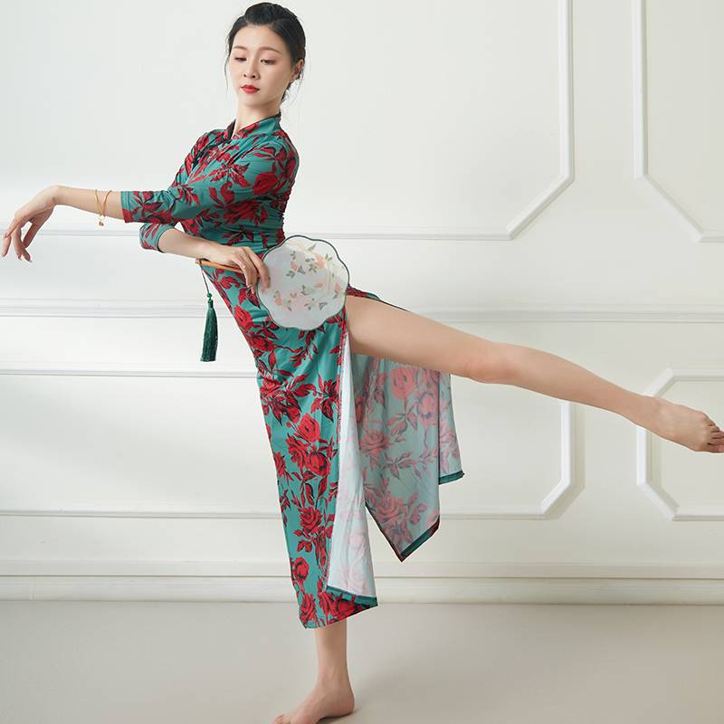 Chinese style classical dance elastic printing cheongsam dance and clothing Chinese dance exercises national performance service women