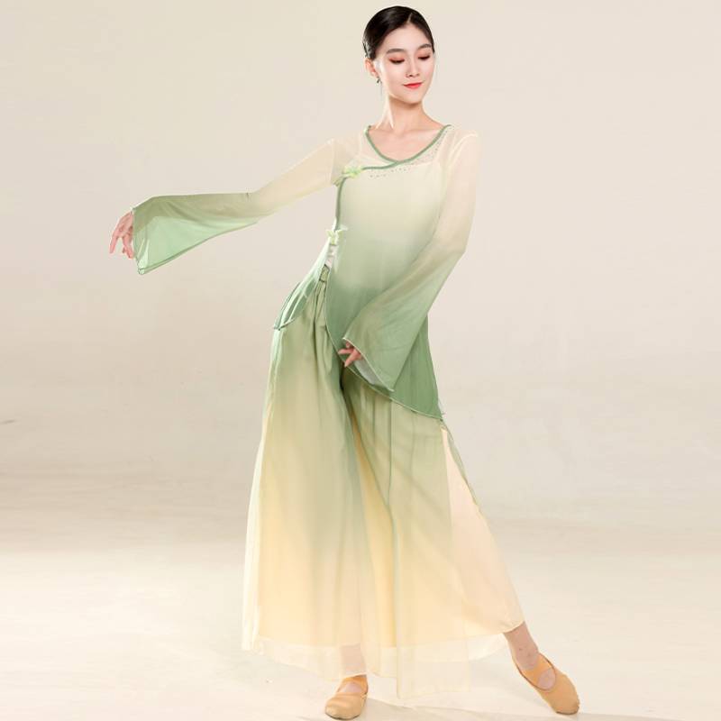 Classical dance dance clothing practice service women's body rhyme yunyi fairy gas, elegant gradient hot drill split top girl