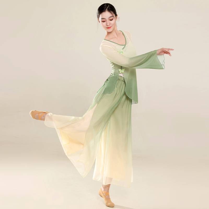 Classical dance dance clothing practice service women's body rhyme yunyi fairy gas, elegant gradient hot drill split top girl