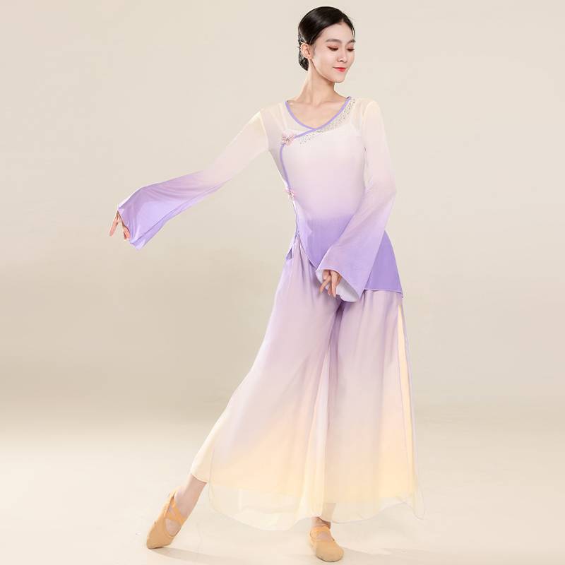 Classical dance dance clothing practice service women's body rhyme yunyi fairy gas, elegant gradient hot drill split top girl