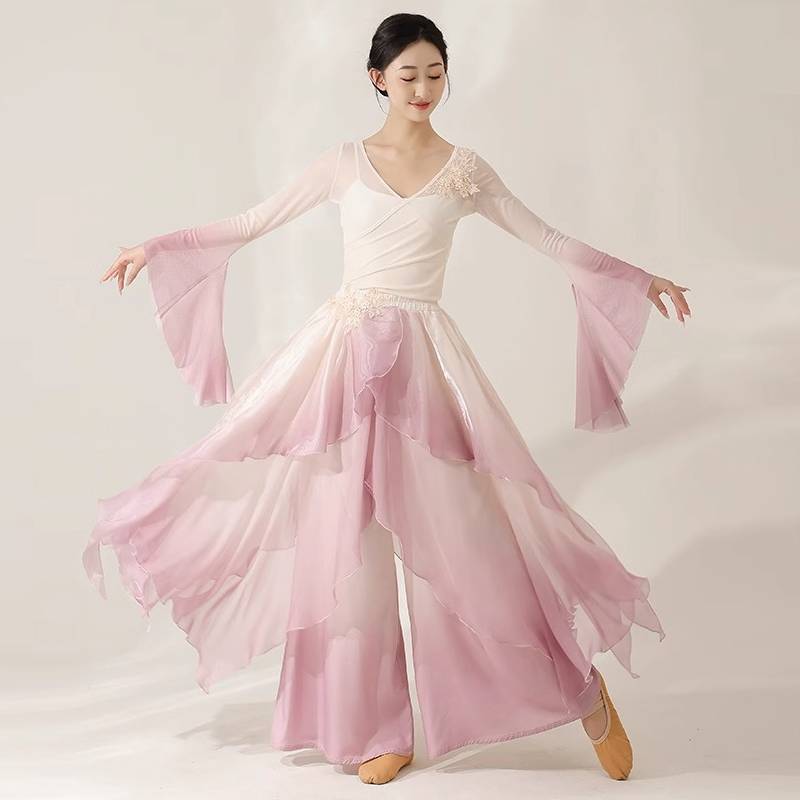Classical dance clothing elegant gathered gauze clothes flow pants practice service Chinese dance same as the drunk Qingbo mountain ghost dance service