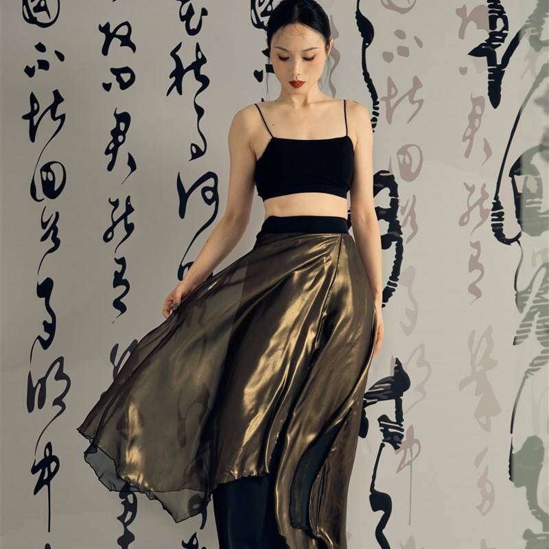 Soso classical dance ancient style dance service, golden gauze double layer of elegant temperament loose straight tube practice wide -leg skirt pants