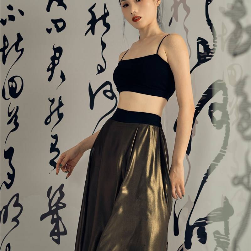 Soso classical dance ancient style dance service, golden gauze double layer of elegant temperament loose straight tube practice wide -leg skirt pants