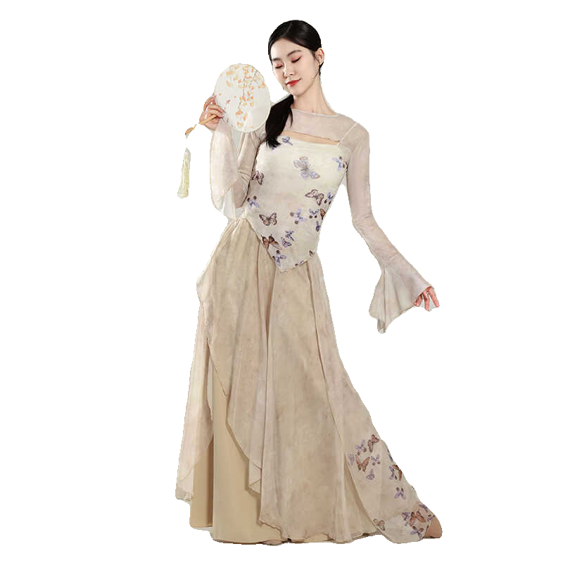Classical dance butterfly ink gauze, elegant body rhyme, Chinese dance training, wide -leg skirt trousers horn sleeve suit