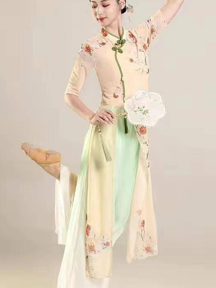 Classical dance service female elegant body rhyme elastic gauze ancient style cheongsam dance clothing performance national style skirt set