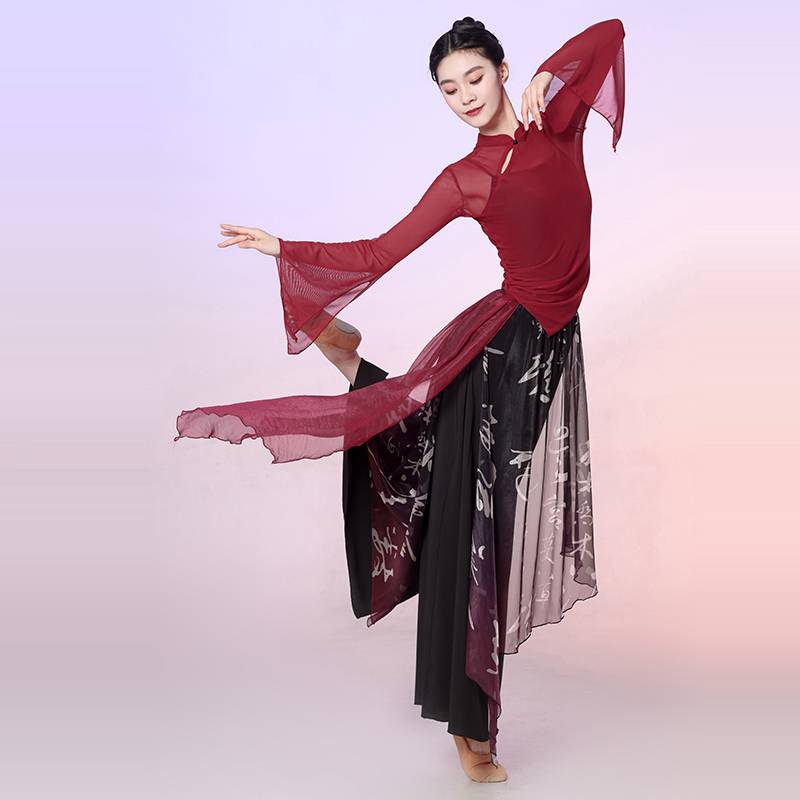 Chinese style classical dance body rhyme, exercise, female elegant performance, clothing cheongsam collar net gauze coat