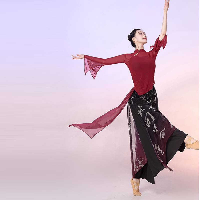 Chinese style classical dance body rhyme, exercise, female elegant performance, clothing cheongsam collar net gauze coat