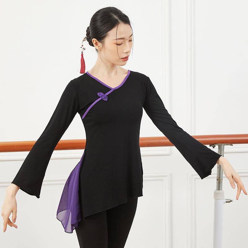 Retro Dipping side splitting contrasting color dance classical dance modern dance square dance service yoga practice body clothes top
