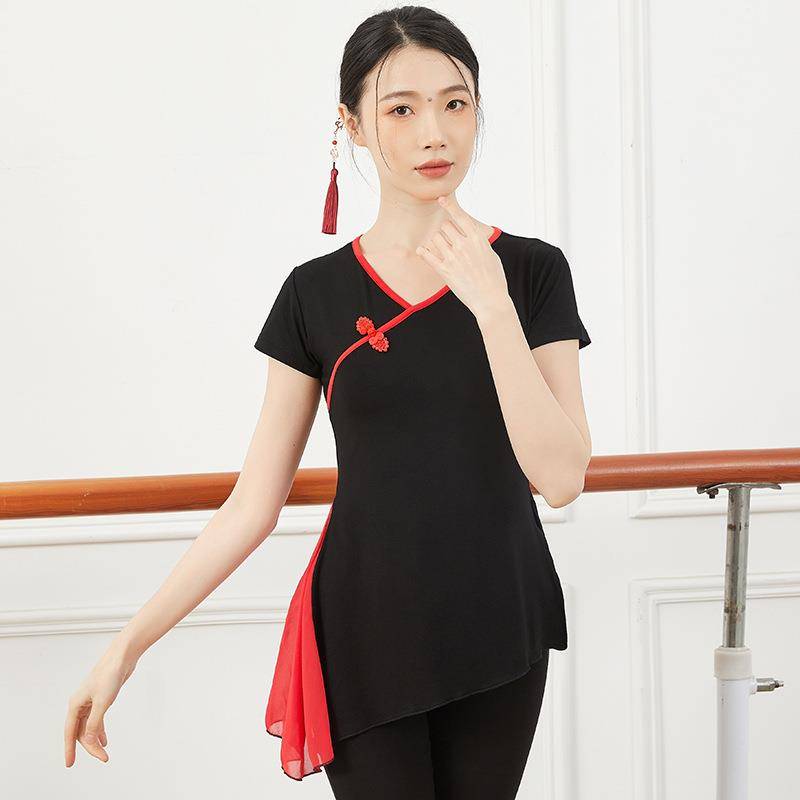 Retro Dipping side splitting contrasting color dance classical dance modern dance square dance service yoga practice body clothes top