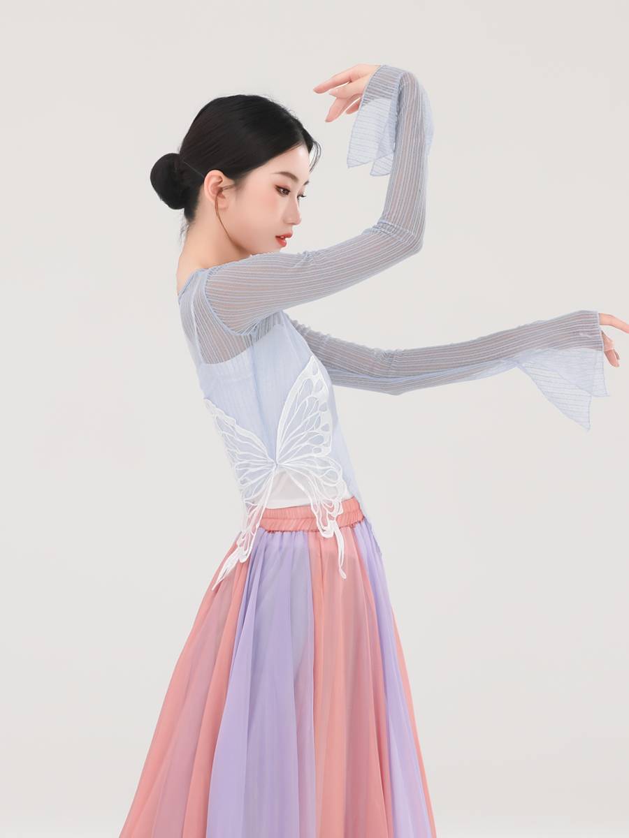 The new classical dance body rhyme gauze butterfly art test short top, spring and summer slimming light flared sleeve training uniform