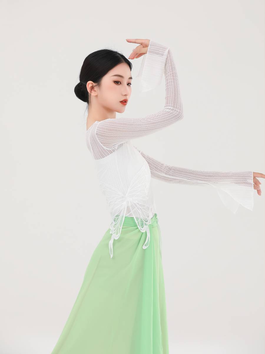 The new classical dance body rhyme gauze butterfly art test short top, spring and summer slimming light flared sleeve training uniform