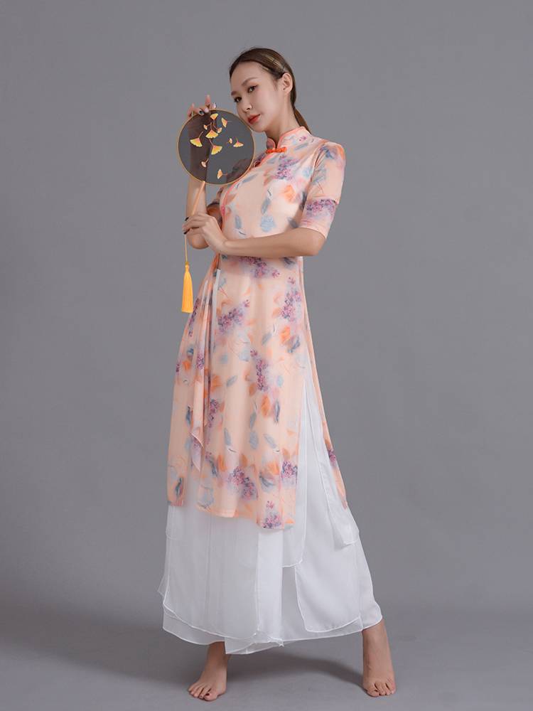 Classical dance clothing women's rhyme gauze, elegant cheongsam exercises, national dance fluffy wide -footed pants performance service