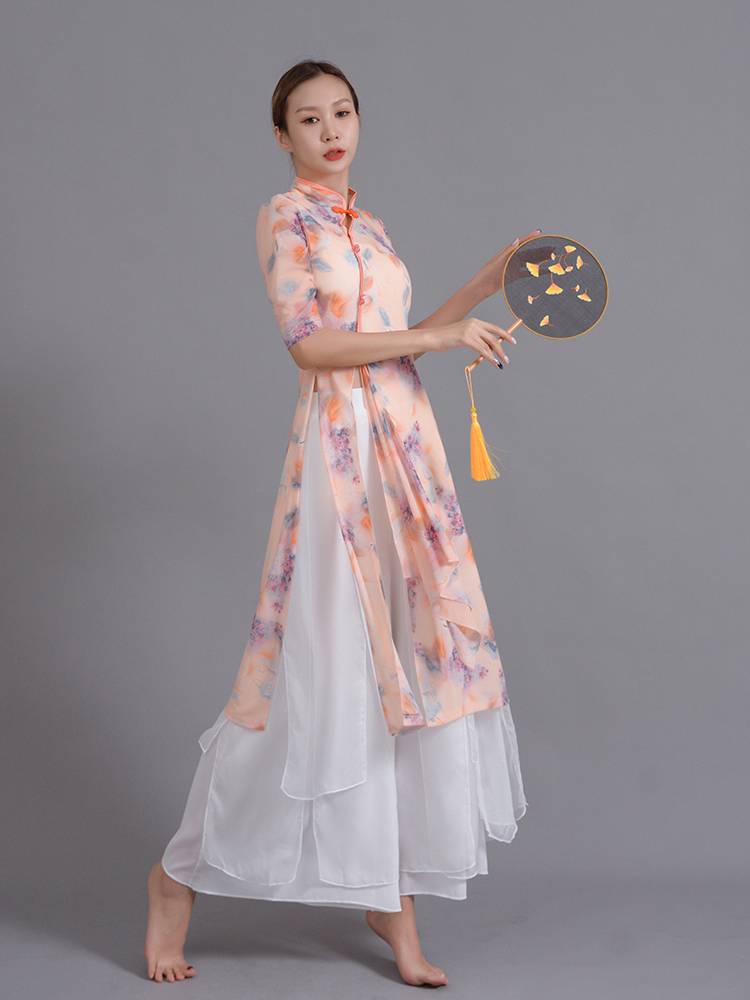 Classical dance clothing women's rhyme gauze, elegant cheongsam exercises, national dance fluffy wide -footed pants performance service