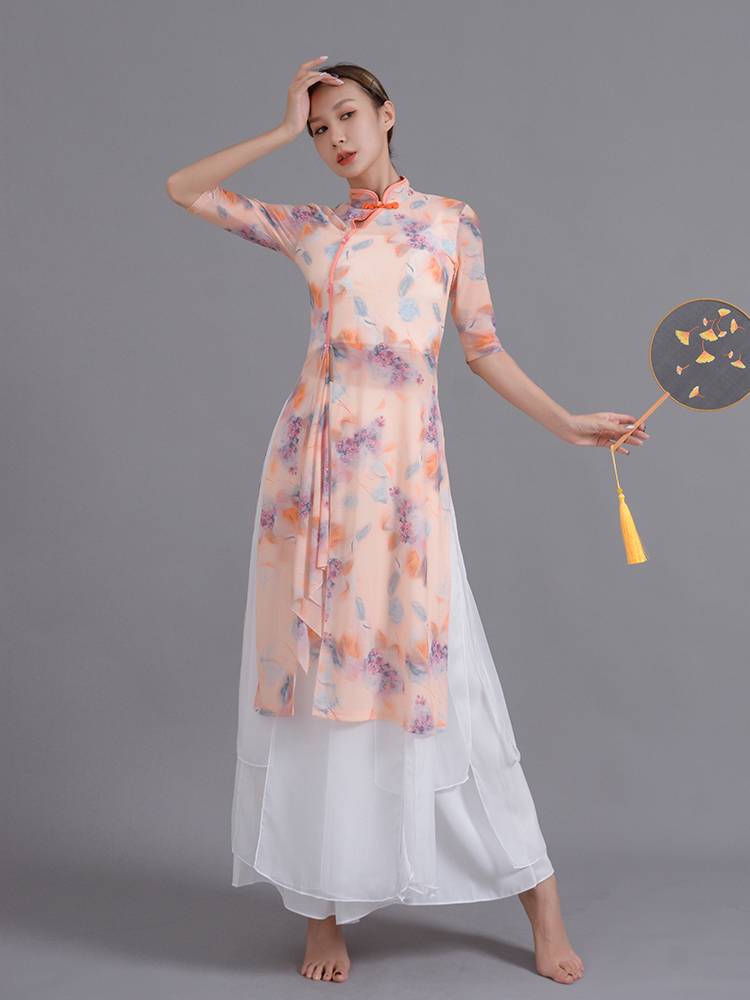 Classical dance clothing women's rhyme gauze, elegant cheongsam exercises, national dance fluffy wide -footed pants performance service