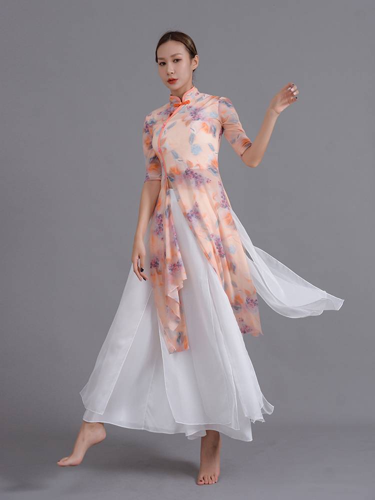 Classical dance clothing women's rhyme gauze, elegant cheongsam exercises, national dance fluffy wide -footed pants performance service