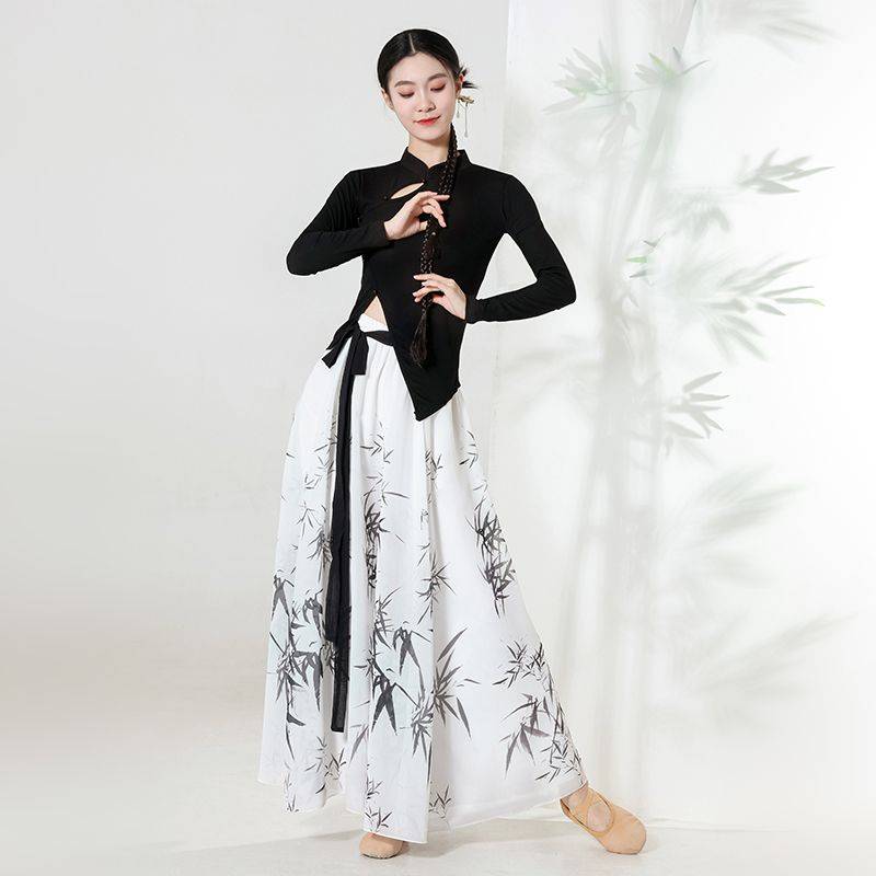 Classical dance clothing flowers and ancient style dance Chinese characters bamboo leaf printing cheongsam top skirt big skirt practitioner performance clothing