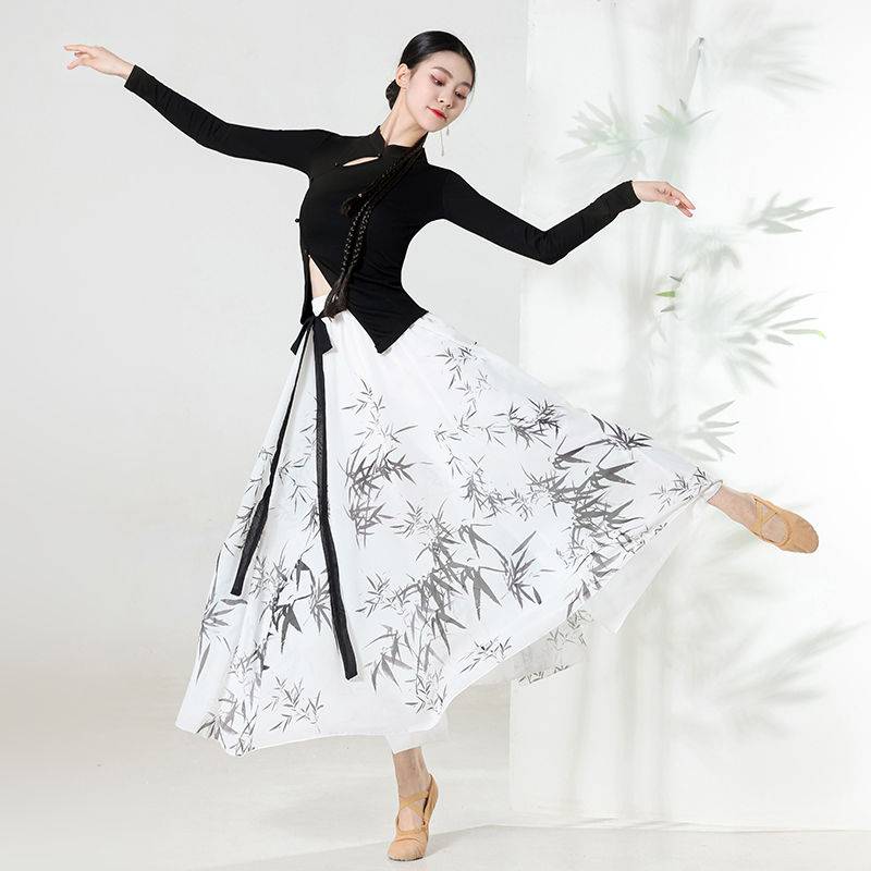 Classical dance clothing flowers and ancient style dance Chinese characters bamboo leaf printing cheongsam top skirt big skirt practitioner performance clothing
